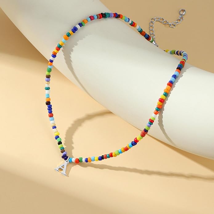 Yoosteel Colorful Beaded Initial Necklaces for Girls Gifts - Cute Initial Necklaces for Girls Kids Jewelry A-Z Letter Choker Necklace for Women Birthday Gifts for Teens Daughter Niece Granddaughter