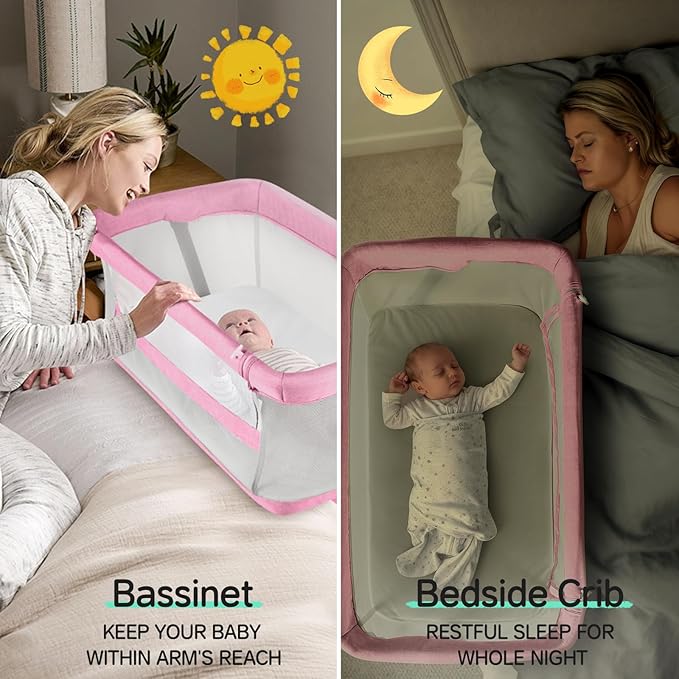 Cowiewie Bassinet Bedside Sleeper,Baby Bassinets Higher Place on Bed,5-Position Adjustment Baby Crib,Breathable 360°All-Around Mesh Sides Bedside Bassinet,Space-Saving Bedside Cribs, Pink