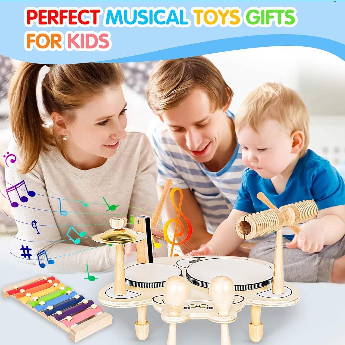 9 in 1 Kids Drum Set YOMESTE Toddlers Birthday Gift Wooden Xylophone Musical Instruments Kit,Montessori Musical Instruments Toys for Kids,Happy Gift ^_^ (Wooden Xylophone Drum Set)