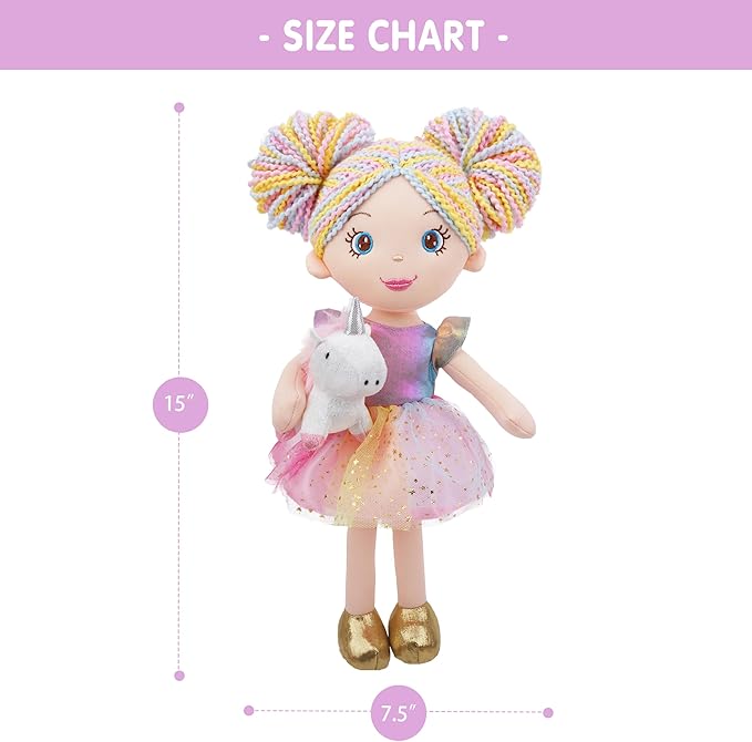 June Garden 15" Playmate Buddies - Plush Doll Zoey with Her Stuffed Animal Companion Unicorn Sparkle for Kids 1 Year and Up