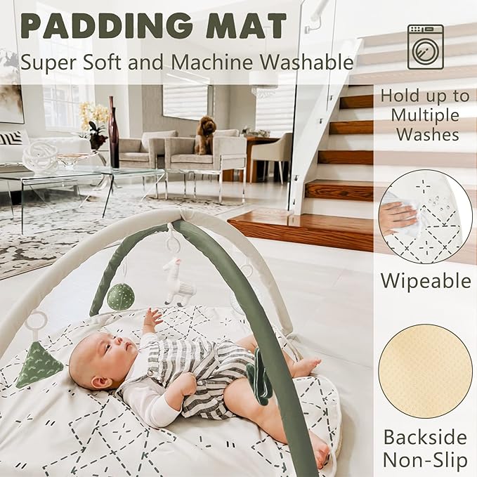 Little Dove Tummy Time Mat with 6 Toys, Macrame Baby Play Mat for Newborn, Baby Gym with 12 Milestone Cards, Stage-Based Sensory and Motor Skill Development Baby Play Gym, Non Slip Mat Washable, Green
