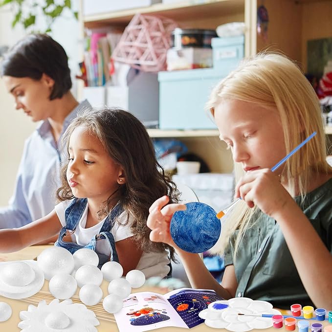 Ayfjovs Solar System Model Kit, Solar System Foam Balls Crafts for Kids School Projects to Learn Planets, Includes Mixed Sizes Polystyrene Balls, Pigments, Flags, Brushes, Bamboo Sticks for DIY