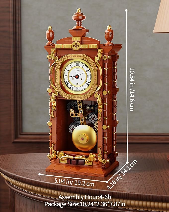 Vintage Pendulum Clock Building Block Set, Stem Toy with Real Clock Function and Linkable Mechanical Pendulum, Unique Home Decoration and Collectible for Adults&Kids 6+