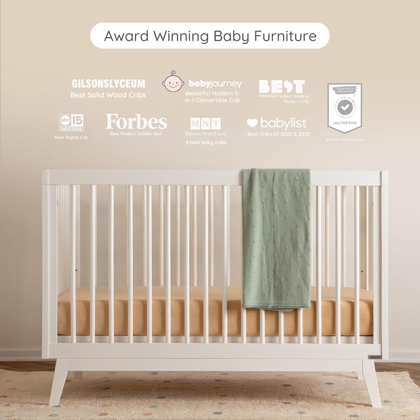 dadada Baby Soho 3-in-1 Convertible Wooden Crib to Toddler Bed - Made in Italy, GREENGUARD Gold Certified, Baby-Safe Finish, Sustainable Beech Wood, Modern Design, 3 Adjustable Heights (White)