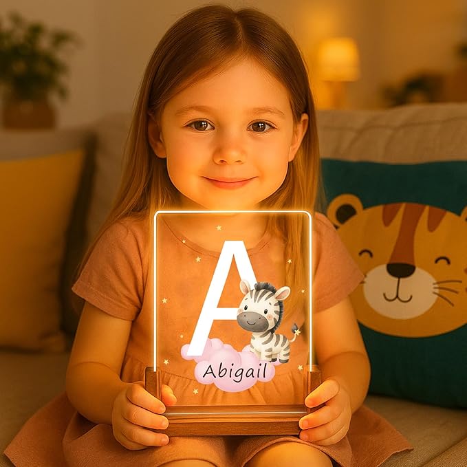 Custom Baby Gift Night Light for Baby Boys Girls Nursery Decor, Personalized Initial Name LED Night Light with Wooden Base, LED Color-Changing Lamp for Toddlers Kids 3