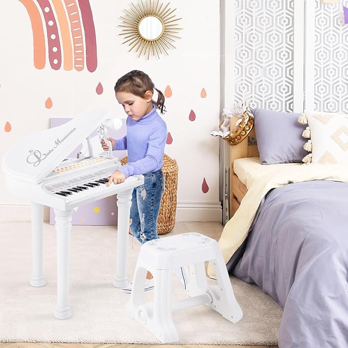 Costzon Kids Piano, 31 Key Mini Grand Piano Toy Keyboard with Microphone, Stool & Lights, Portable Electronic Piano Educational Musical Instrument Toy, Birthday Gift for Toddler Boys Girls (White)