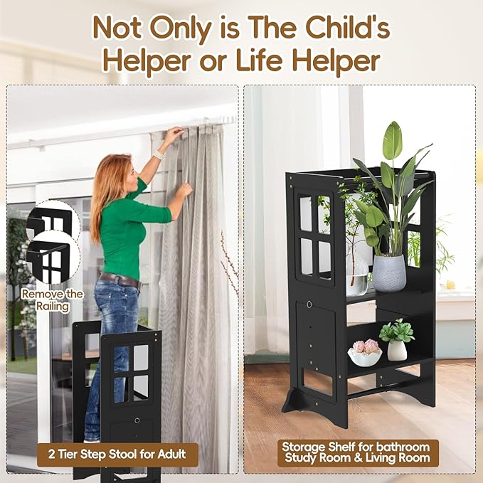 4 in 1 Kitchen Step Stool Helper for Toddlers, Adjustable-Height Toddler Learning Standing Tower with Double-Sided Whiteboard, Non-Skid Feet Kids Step Stools for Kitchen Counter Bathroom Sink