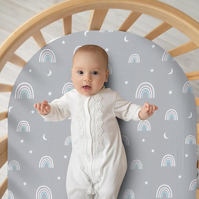 Bassinet Bed Sheet Set 2 Pcs Fits Rectangle Oval Halo Hourglass Mattress Stretch Bassinet Bed Sheet Soft and Comfortable (Deer Park) (Rainbow & Dinosaur)