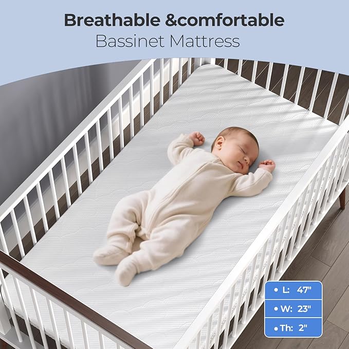 47x23.6 Rectangle Bedside Bassinet Mattress: 2" Thick Dual Side Gel Memory Foam Bassinet Mattress for ADOVEL/BabyBond/ELEMARA Bassinet Bedside Crib - All-Season Design