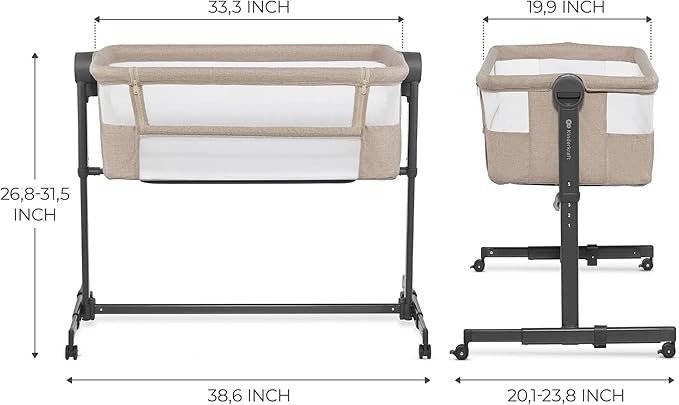 Kinderkraft Neste UP2 Bedside Cot 2 in 1, Co-Sleeper from Birth, Travel Cot for Newborn, Adjustable Height, Included Mattress Sheet, with 4 Wheels, Breathable Mesh, Beige