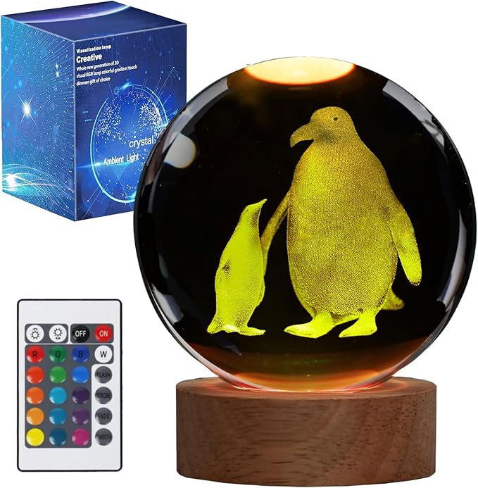 Penguin Night Light, Penguin Gifts, K9 3.15 Inch (80mm) Crystal Ball Night Light with 16 Colors Remote Upgraded Lamp for Birthday Xmas Cool Animal Figurines Gifts for Room Decor Boys Girls