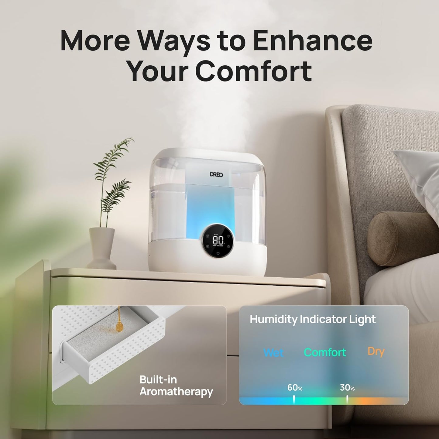 Dreo 6L Top Fill Humidifiers for Bedroom, 60H Runtime 28 dB Quiet Supersized Cool Mist Air Humidifiers for Large Room, Baby Nursery, Plant, Indoor, Night Light, Easy to Clean, Precise Humidity Control