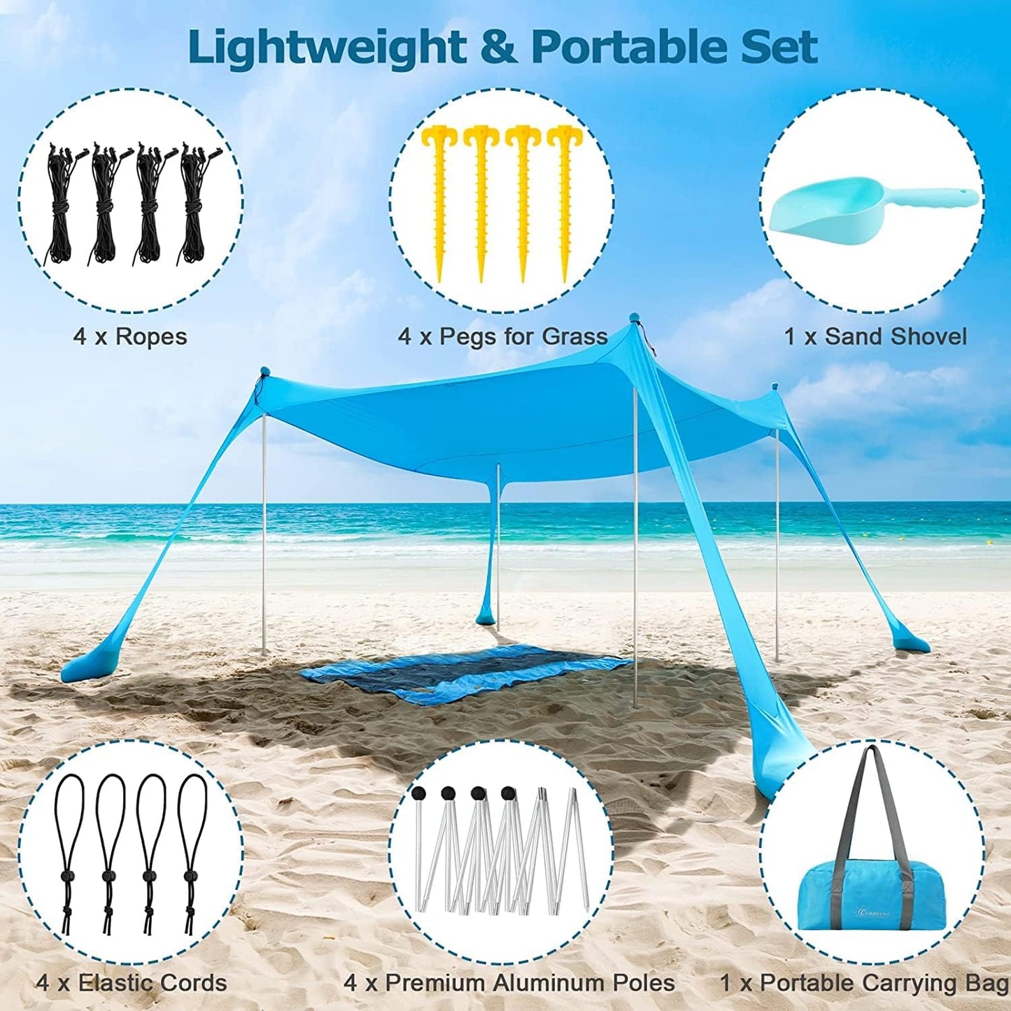 COMMOUDS Beach Tent Sun Shelter - UPF50+ Pop Up Beach Canopy with Sandbags & Sand Shovel & Windproof Poles, Portable Sun Shade for Beach, Camping, Picnics, Backyard