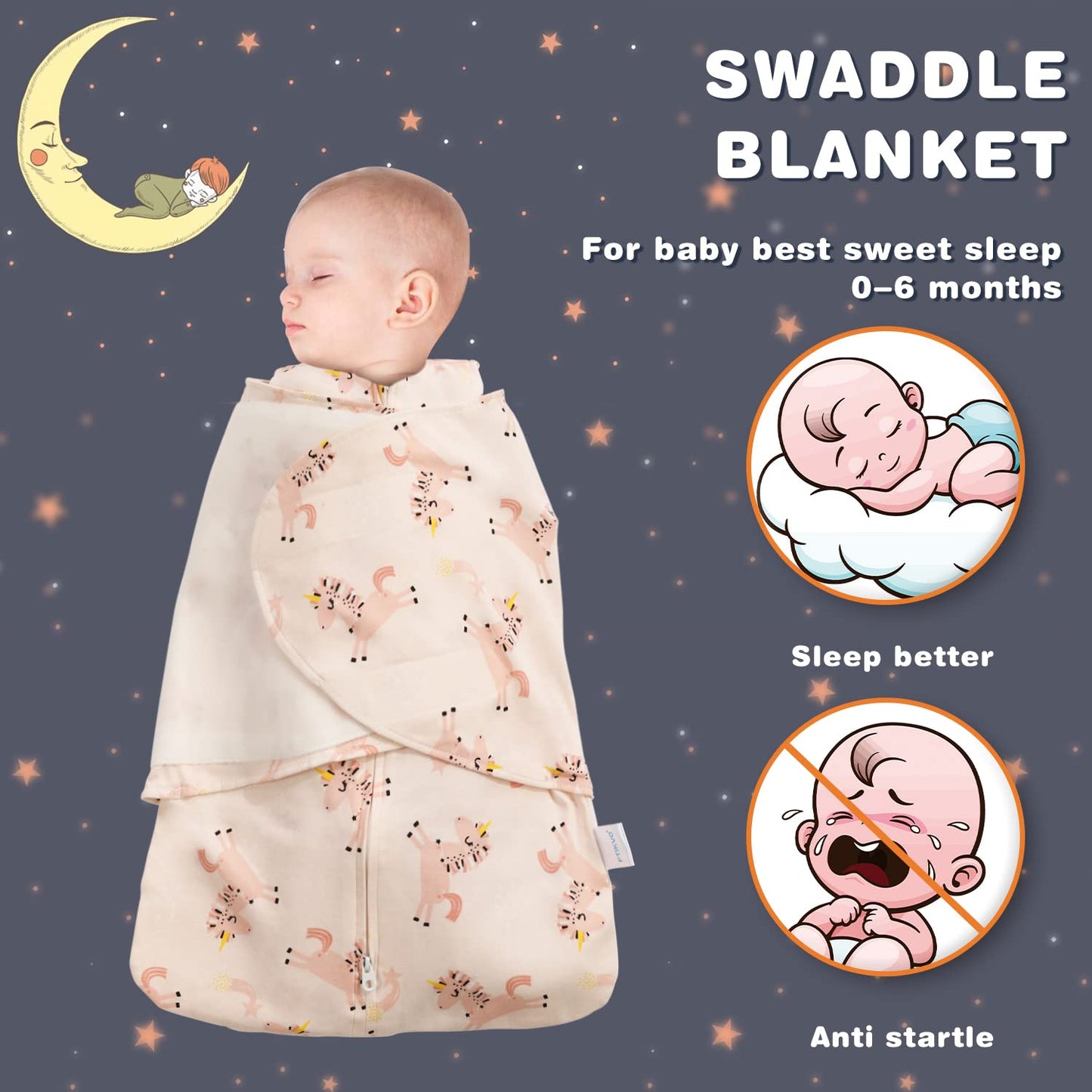 Swaddle-Blanket Baby Girl & Boy Swaddles Newborn Infant Transition 100% Cotton Wrap Blankets, 3-Way Adjustable Wearable Blanket, TOG 1.0 (Happy Unicorn, 3-6 Month)