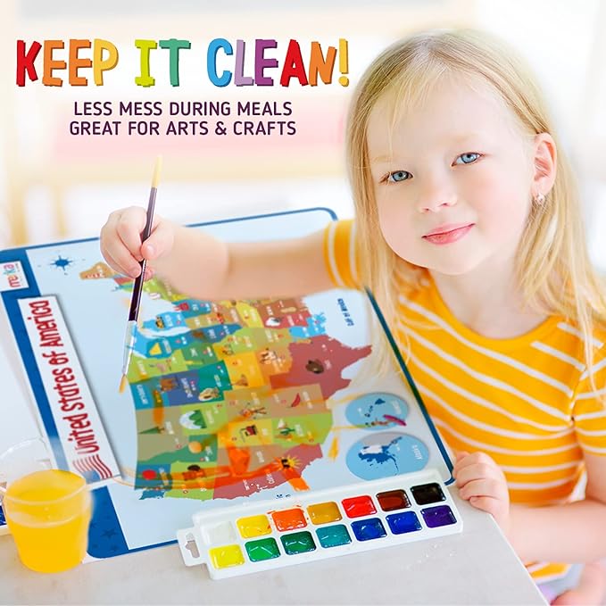 merka Periodic Table of Elements Placemat Set - 17 x 11 in, Multicolor, 4-Pack - Washable Silicone Learning Placemats for Kids Educational Dining & Kitchen Use - Includes US Map & President Info