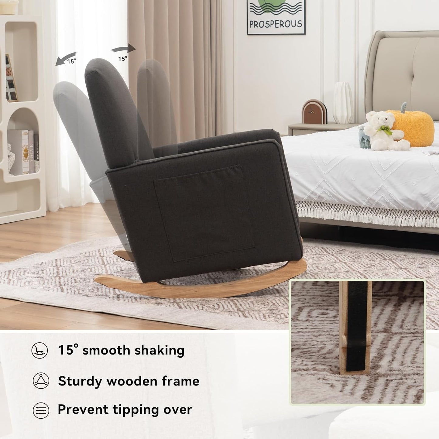 FOXHUNTER Rocking Chair Nursery with Adjustable Footrest and High Backrest, Upholstered Glider Chairs with Side Pockets for Nursery, Rocker Armchair Indoor for Living Room, Dark Gray