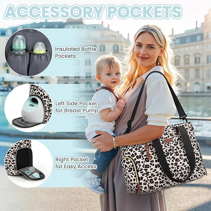 Diaper Bag Tote for Working Mom, Large Travel Diaper Tote for Mom and Dad with 14 Inch Laptop Sleeve, Mommy Maternity Travel Baby Bag for Boys and Girls, Leopard