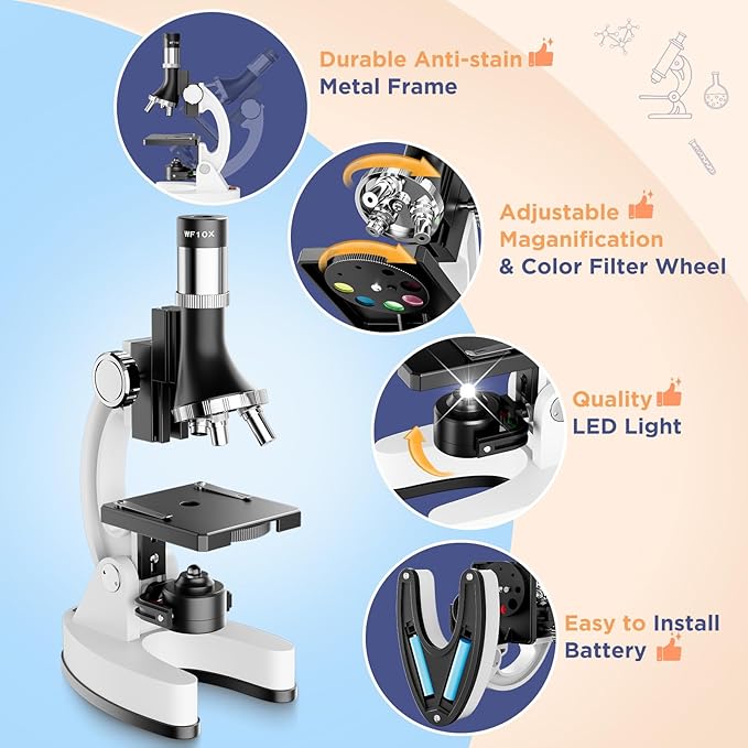 100X-1200X Kids Microscope Kit for Children: Compound Microscope for Kid STEM Biology Discovery - Science Experiments Microscopio Set with Metal Frame, Carrying Box Educational Gift for Child 8-12