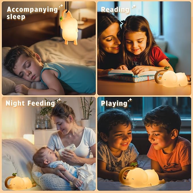 Silicone Elephant Night Light for Kids - 3-Level Dimmable & Rechargeable LED Lamp, Touch Control Soft Animal Light for Nursery, Baby Room Decor