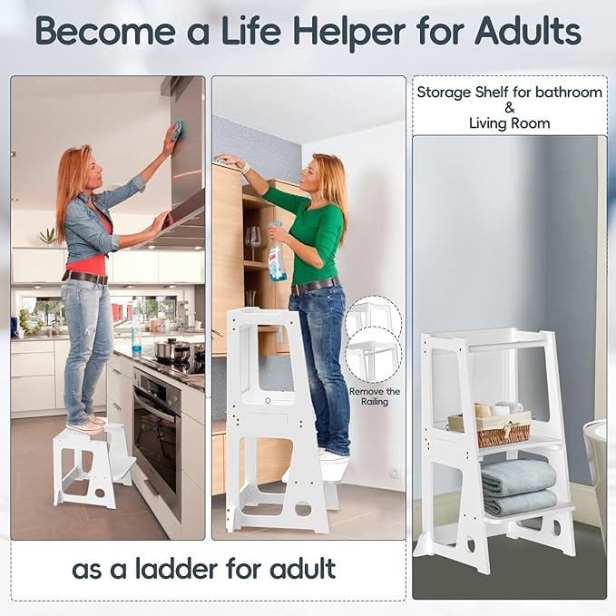 4 in 1 Kitchen Toddler Step Stool, Foldable Learning Toddler Standing Tower with Double-Sided Whiteboard, Wooden Kitchen Stool Helper for Kids 1.5 to 5 Years Old,Bathroom Sink Counter