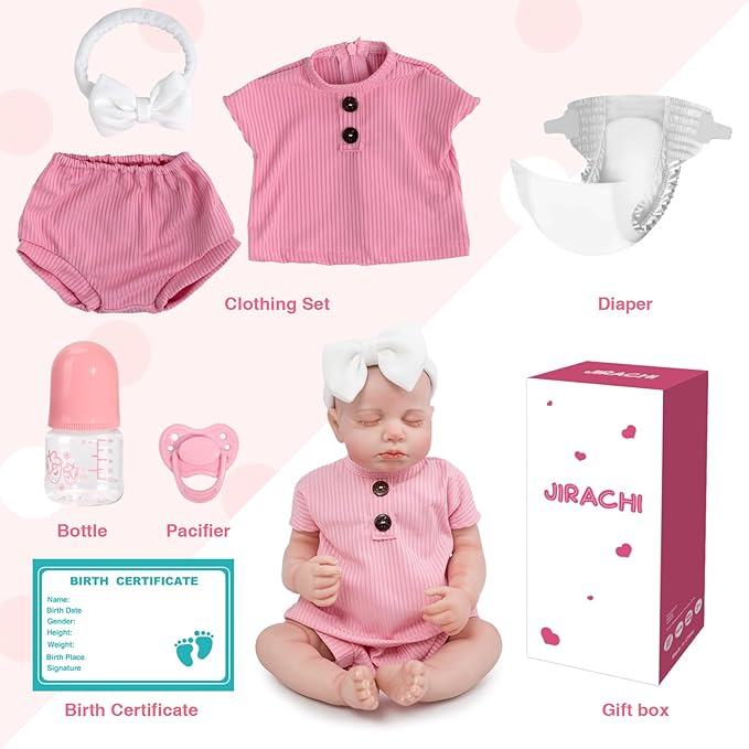 Jirachi Realistic Reborn Baby Dolls, 18 Inch Real Life Full Body Vinyl Sleeping Baby Girl, Newborn Lifelike Reborn Baby Dolls with Pink Clothing Set
