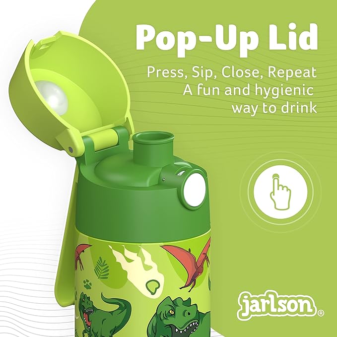 Jarlson® Mali Children's Water Bottle, Thermal Stainless Steel Water Bottle, BPA-Free, Leak-Proof, Children's Bottle with Chug Lid, Bottle for School, Nursery (Dinosaur 'Star', 350 ml)