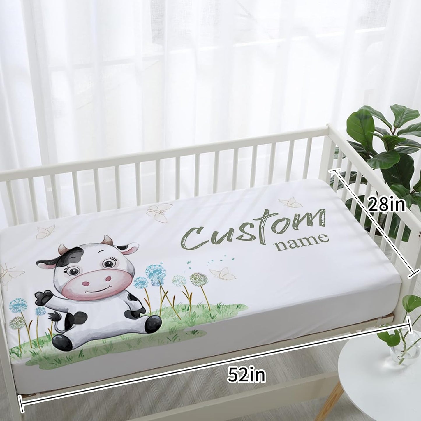 Personalized Baby Crib Bedding Set, 5-Piece Cows Design Baby Crib Sets with Custom Name, Toddler Double Layer Blanket Fitted Sheets Changing Pad Cover Rug Wall Art Set, Charming Nursery Decor