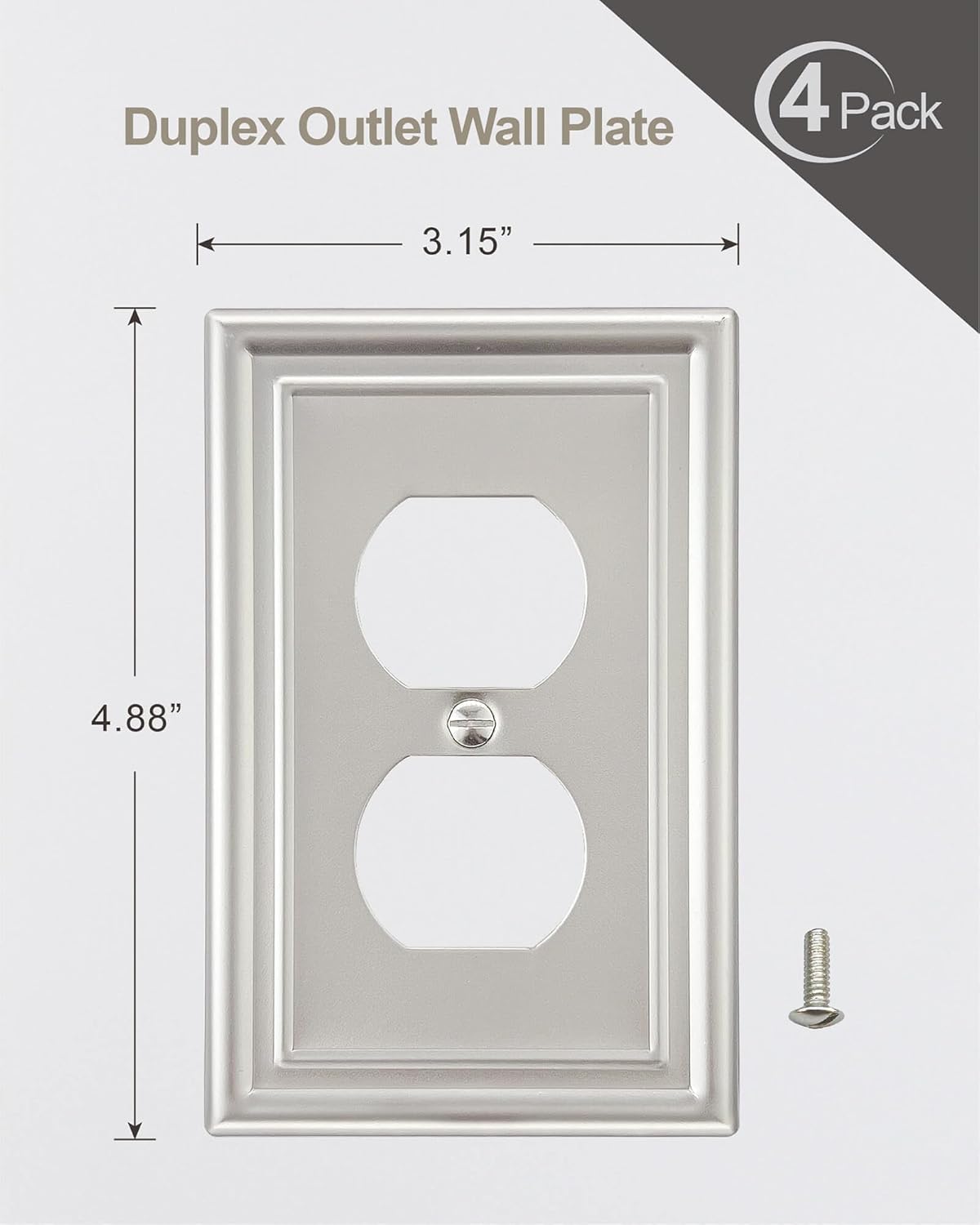 4-Pack Duplex Wall Plate, Satin Nickel Outlet Cover for Electrical Outlet, Receptacle, Decorative Switch Plates, Durable Metal, Midsize