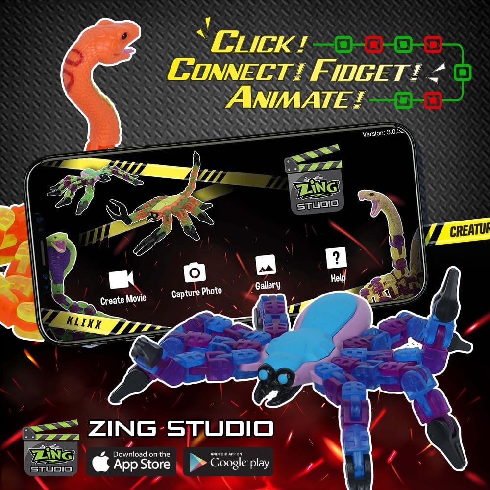 Zing Klixx Creaturez Combo Pack - Create Stop Motion Animation, Wildlife Snap and Click Fidget Toys for Stress Relief, Great for Kids Ages 4 and Up (Spider + Python)