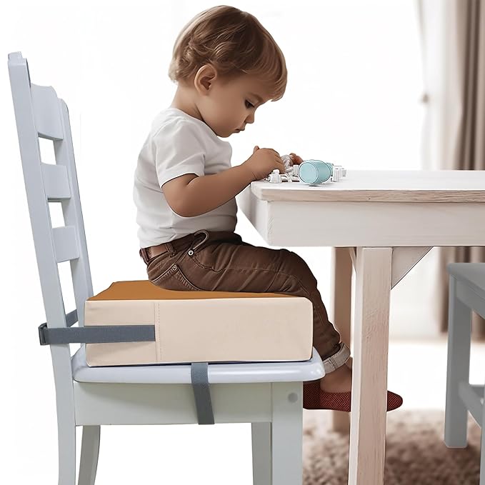 Toddler Dining Table Booster seat, PU Washable Waterproof Double seat Belt Non-Slip Bottom Booster seat for Dining Toddler, Portable Travel Increase Cushion Brown+White