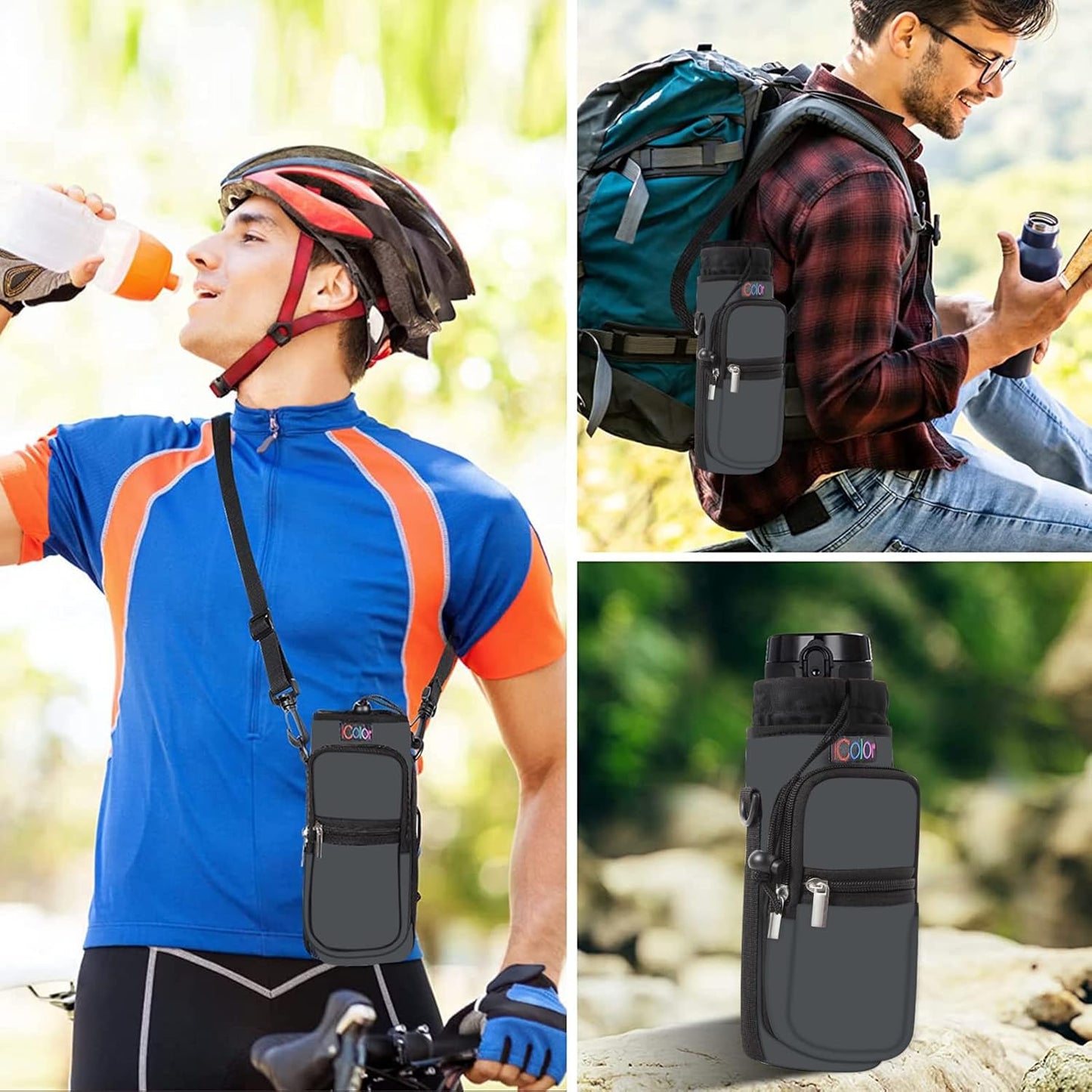 icolor Water Bottle Carrier Bag with Strap 25/32/40 oz Crossbody Bottle Holder with Phone Pocket Sling Sleeve Insulated Neoprene Water Bottle Pouch for Walking Travelling