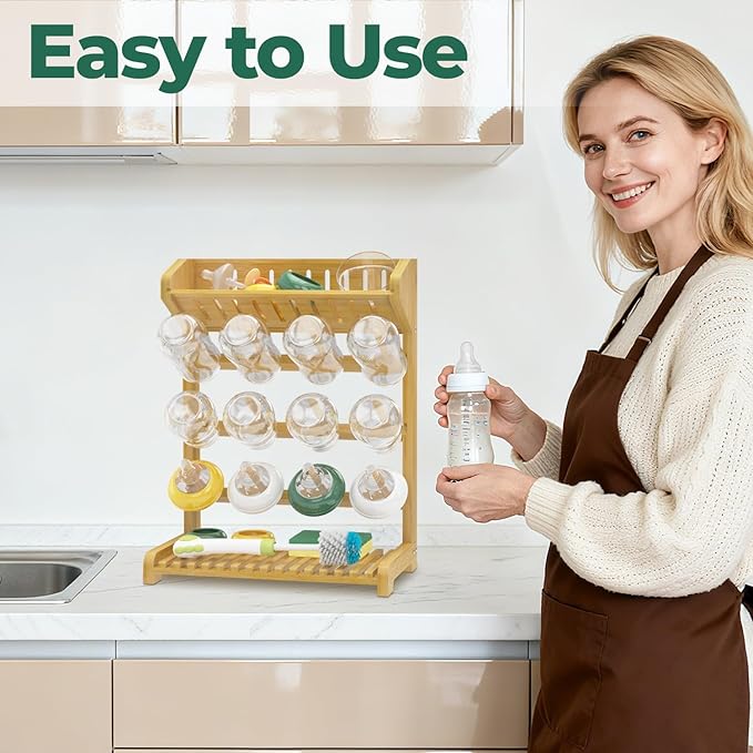 EsLuker.ly Baby Bottle Drying Rack Bamboo Vertical Dryer Holder, Space Saving for 12 Milk Glass Bottle Countertop, Wooden Drain Stand Shelf for New Parents