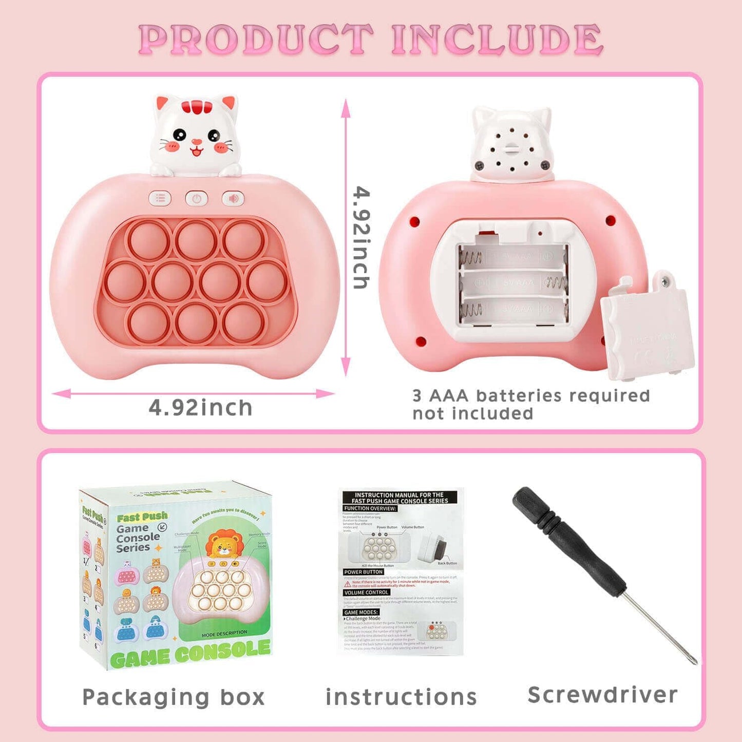 Fast Push Game Pop Fidget It Toys for Kids, Handheld Game Machine, Squeeze Poppet Sensory Electric Cute Light Up Quick Push Bubble Game, Fidgets Toy for Boys & Girls & Teens( Pink Cat)