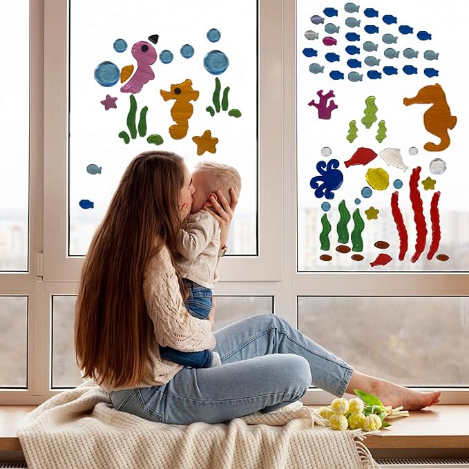 7 Pack Summer Window Gel Clings, Reusable TPR Jelly Stickers for Glass Windows, No-Residue Peel & Stick Decorations - Bright Ocean Themes for Room, Office, Home, Car, Bathroom Decor