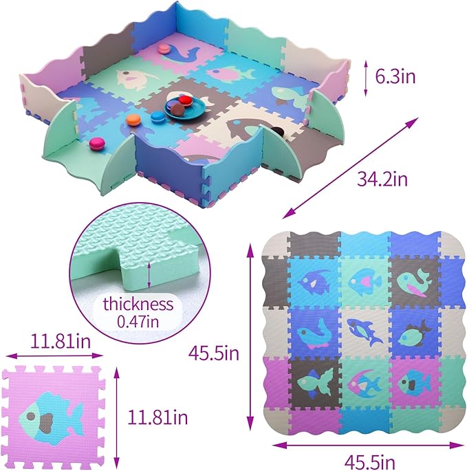 Coolcandy Baby Play Mat, 25Pcs Interlocking Puzzle Floor Mat, with Safety Fence - 0.4" Thick Non-Toxic EVA Foam Play Mat, for Infants & Toddlers 3-36 Months, Soft Puzzle Tiles for Play Areas