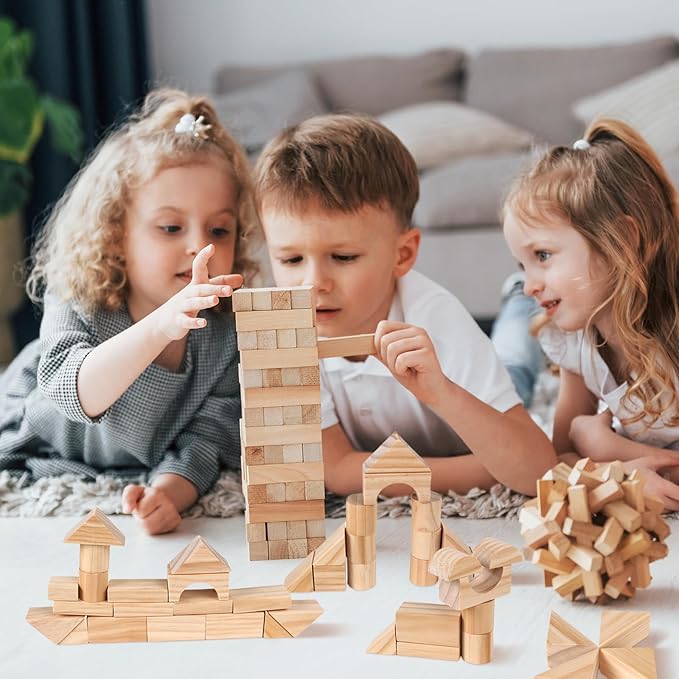 100 Pcs Kids Natural Colored Wood Building Block Toys Wooden Blocks Building Blocks for Toddlers Preschool Learning Toys Stacking Block Birthday Gifts for Toddlers