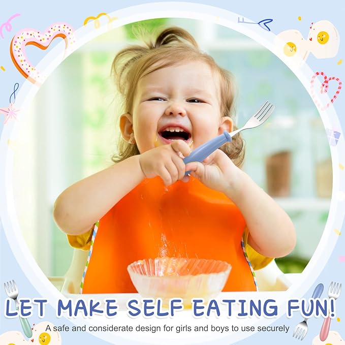 Chumia 9 Pieces Stainless Steel Toddler Forks, Kids Safe Utensils Set Baby Kids Self Feeding Training Cutlery with Round Handle, Stainless Steel Metal Flatware for Children Boys Girls, Dishwasher Safe