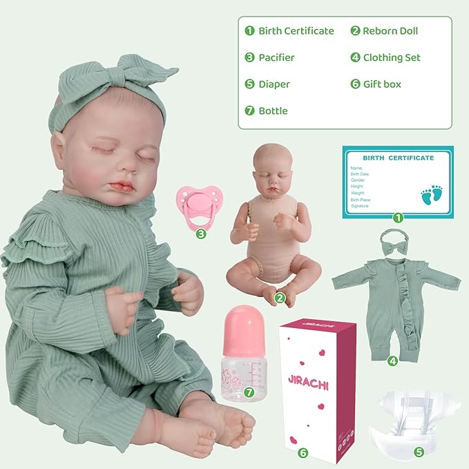 Jirachi Lifelike Reborn Baby Dolls, 18 Inch Real Life Soft Body Sleeping Newborn Baby, Realistic Reborn Baby Girl with Toy Accessories for Girls Green