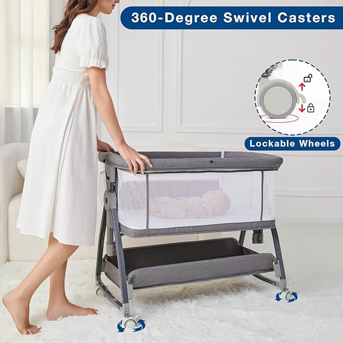 3 in 1 Baby Bassinet Bedside Sleeper, Height Adjustable Bedside Bassinet for Newborn and Infant with Mattress, Storage Basket, and Wheels (Grey)