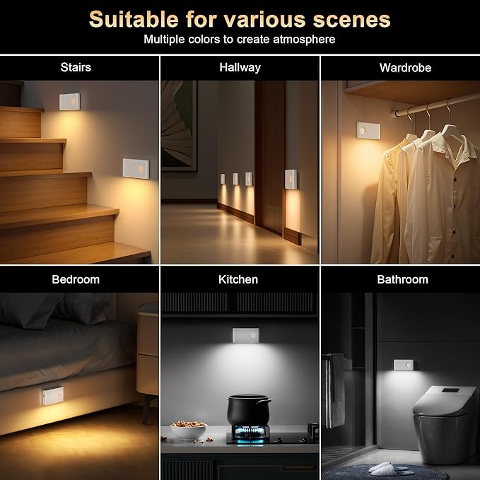 YiaMia Stair Lights Motion Sensor Indoor, 3-Pack Rechargeable Night Lights with Adjustable Brightness, Wireless Under Cabinet Lighting for Stairs, Bathroom, Bedroom