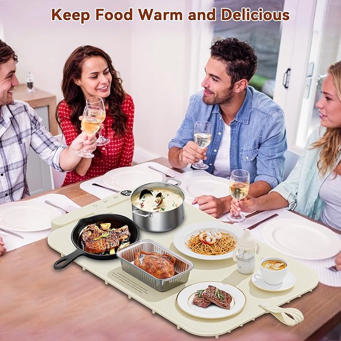 Upgrade Graphene Food Warming Mat for Countertop, Gifts for Mom Wife, Waterproof Electric Warming Tray with 6 Temp Modes for Parties Buffets (Beige)