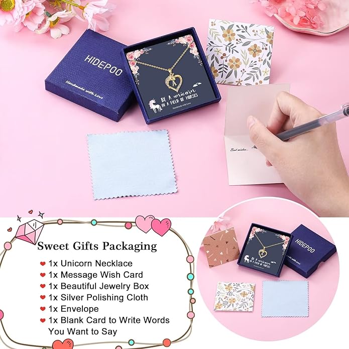 Hidepoo Unicorn Necklace Gifts for Girls - 14K-Gold-Plated Colorful CZ Heart Necklace Girls Jewelry Initial Unicorn Necklaces for Girl Birthday Gifts