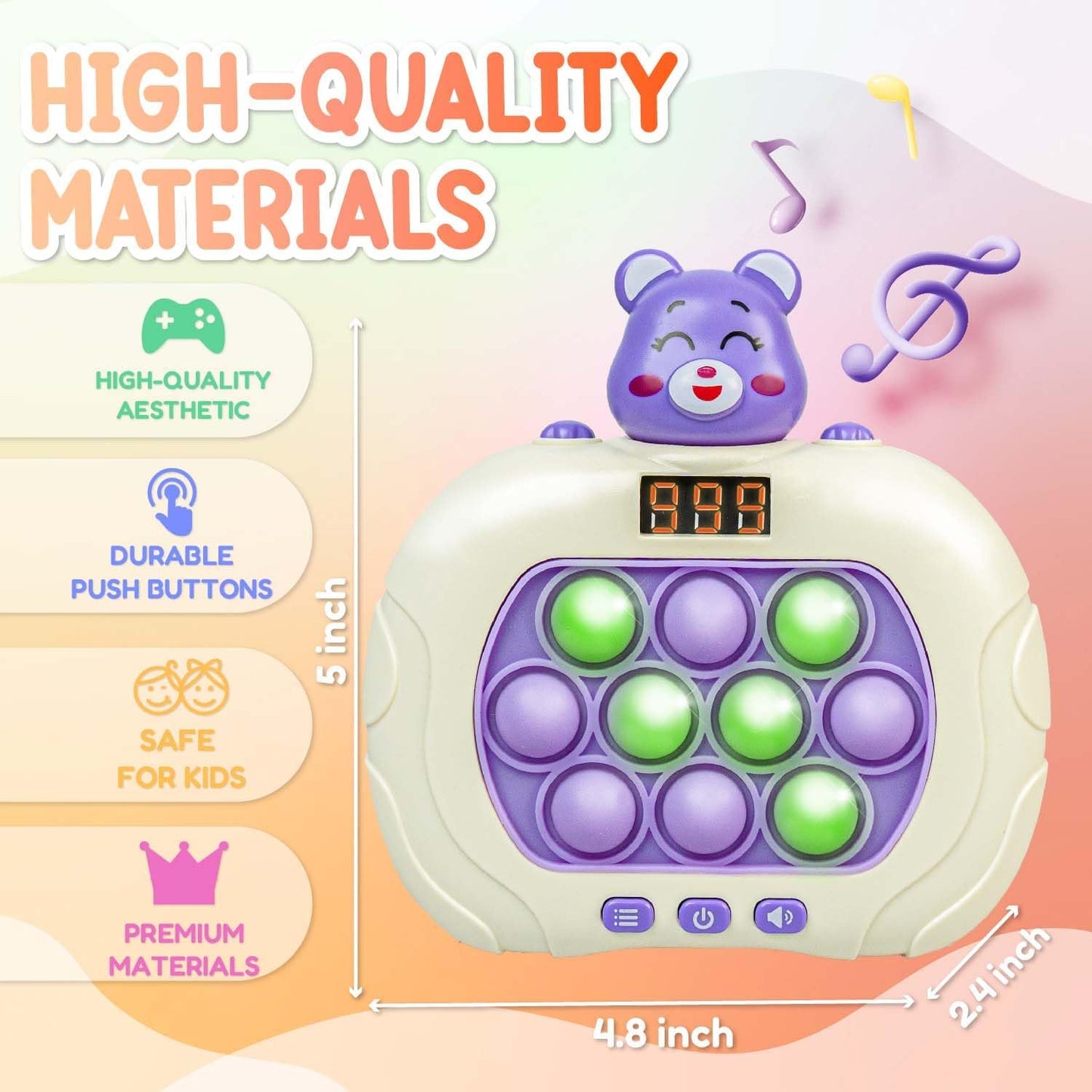 Marlo & Buzz Fast Push Game Toy with Popit Game Controller, Pop Fidget Animal with LED Screen - Sensory and Memory Console, Quick Bubble Light Toy, Pocket Games (Purple Bear)