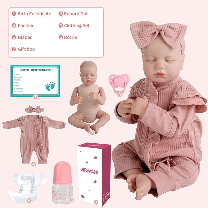 Jirachi Realistic Reborn Baby Dolls, Sleeping Real Life Soft Body Baby Girl, 18 Inch Lifelike Reborn Baby with Pink Clothing Set for Kids 3+