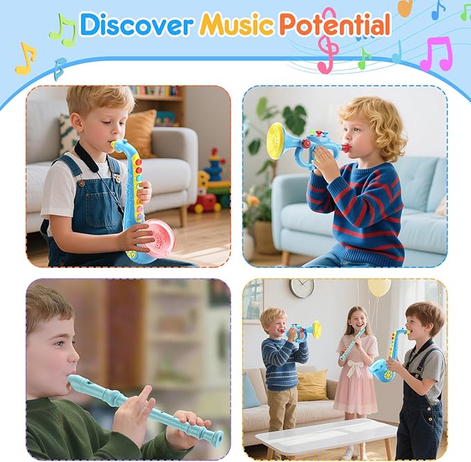 Set of 3 Toy Saxophone Kids Trumpet and Recorder Flute,Musical Instruments Set for Children,Teaching Songs Gifts with Light & Sound for Kids Ages 3-5 5-9, for Kid