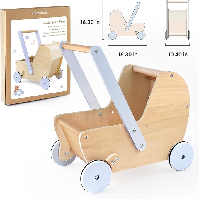 Wooden Baby Doll Pram Stroller, Baby Walker Push and Pull Doll Stroller, Wooden Toy Stroller for Toddler Boys Girls 18 Months and Up
