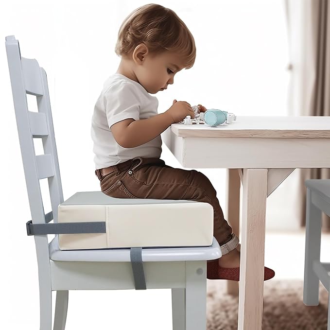 Toddler Dining Table Booster seat, PU Washable Waterproof Double seat Belt Non-Slip Bottom Booster seat for Dining Toddler, Portable Travel Increase Cushion Gery+White