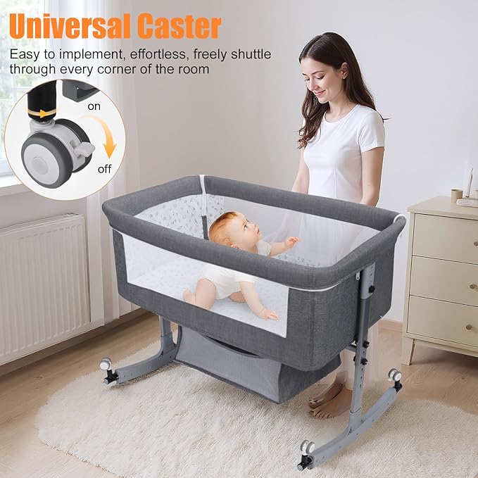 3-in-1 Baby Bassinet Bedside Sleeper for Newborns & Infants - 6-Level Height Adjustable, Portable Convertible Bassinet/Cradle with Mosquito Net, Storage Basket & Wheels,Easy Assemble (Grey)