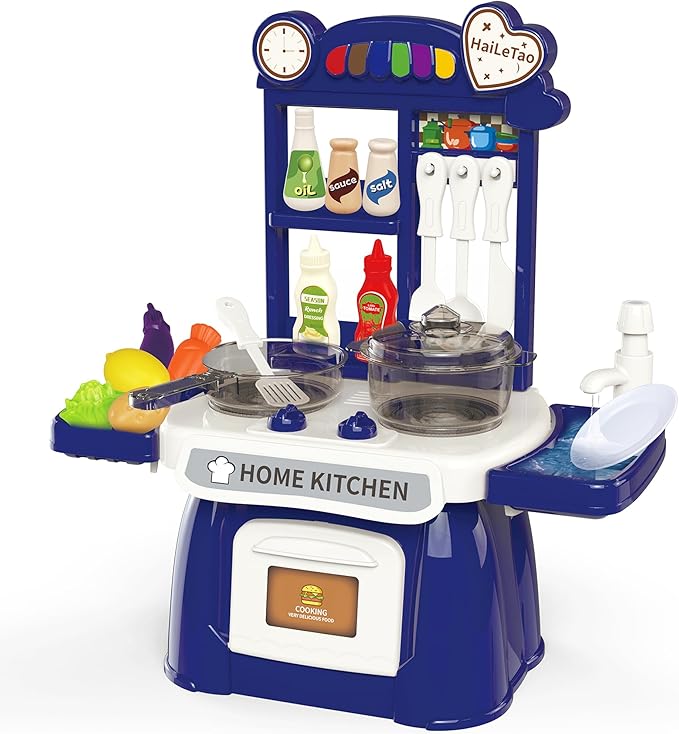Kitchen Set for Toddler with Sound and Light,Pretend Cooking Food Set,Kids Kitchen Playset,Play Sink with Running Water and Electronic Induction Stove,Kitchen Accessories (Lyons Blue Kitchen)