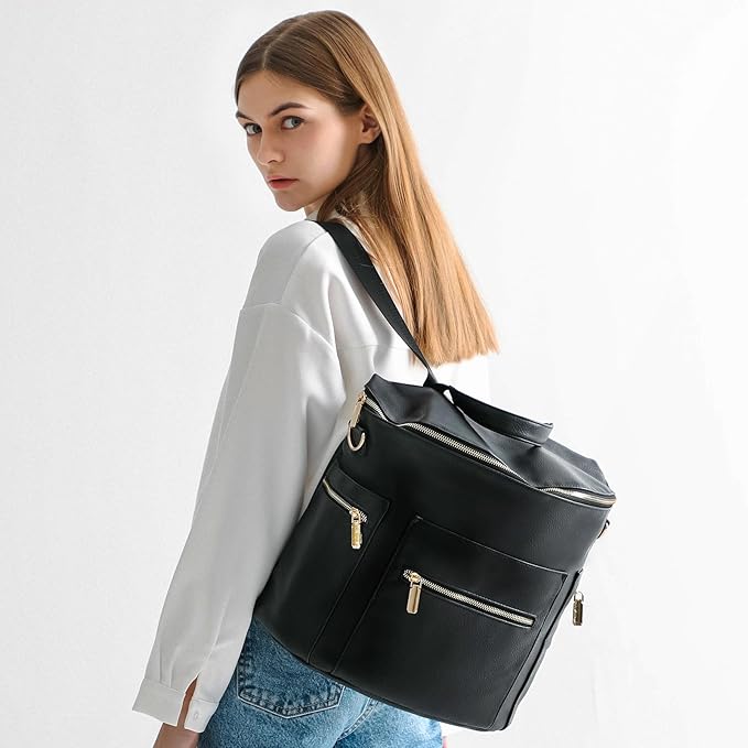 miss fong Diaper Bag Backpack Baby Diaper Bag, Large Leather Diaper Backpack with 16 Pockets Travel Diaper Bag with Diaper Changing Pad, Stroller Straps & 2 Insulated Pockets(Convertible, Black)